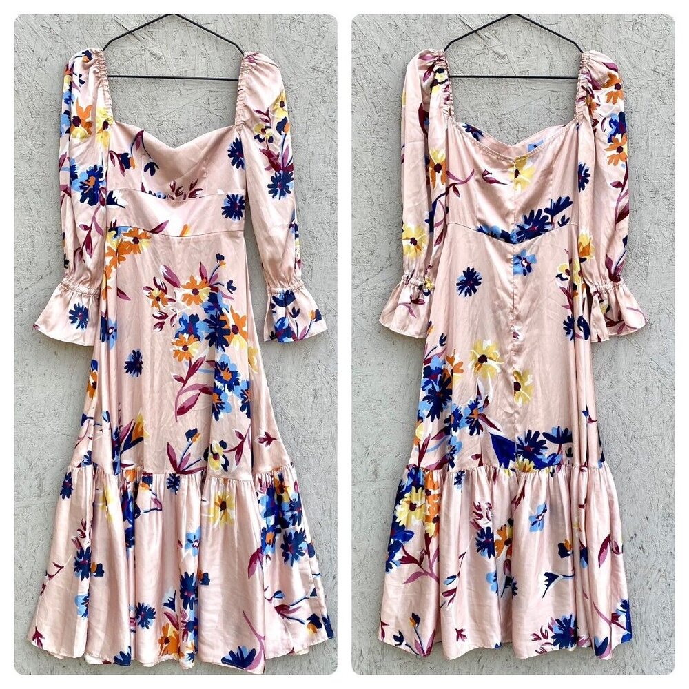 Vasiliki Wolf & Badger Floral Sweetheart Flounce Sleeve Satin Midi Dress Sz 2